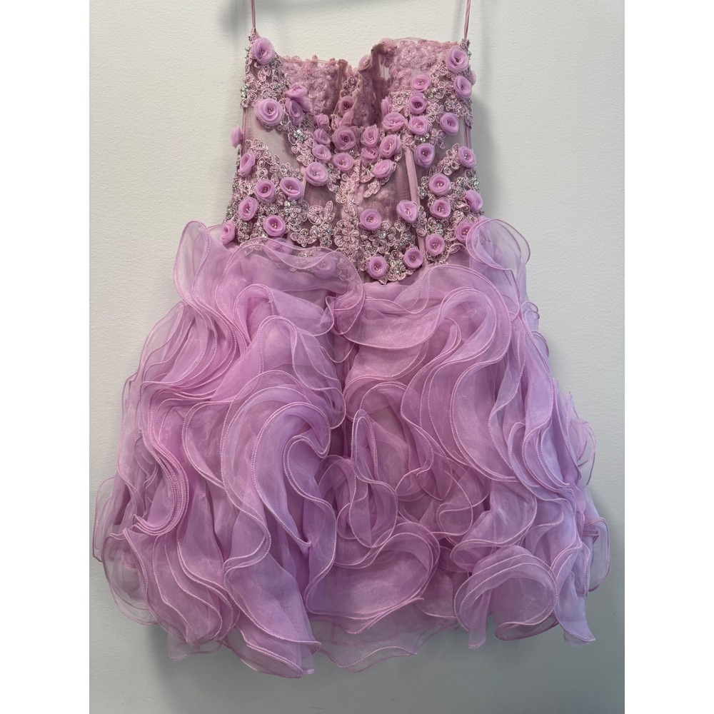 Jovani Lavender Beaded 3D Floral Ruffle Cocktail Prom Mini Dress Strapless  6 - Picture 5 of 7